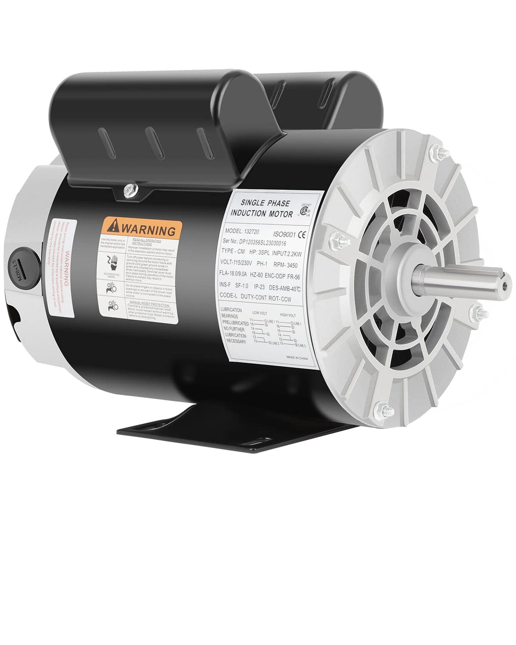 Air Compressor Motor 3HP SPL 3450 RPM 115/230V Single Phase ODP