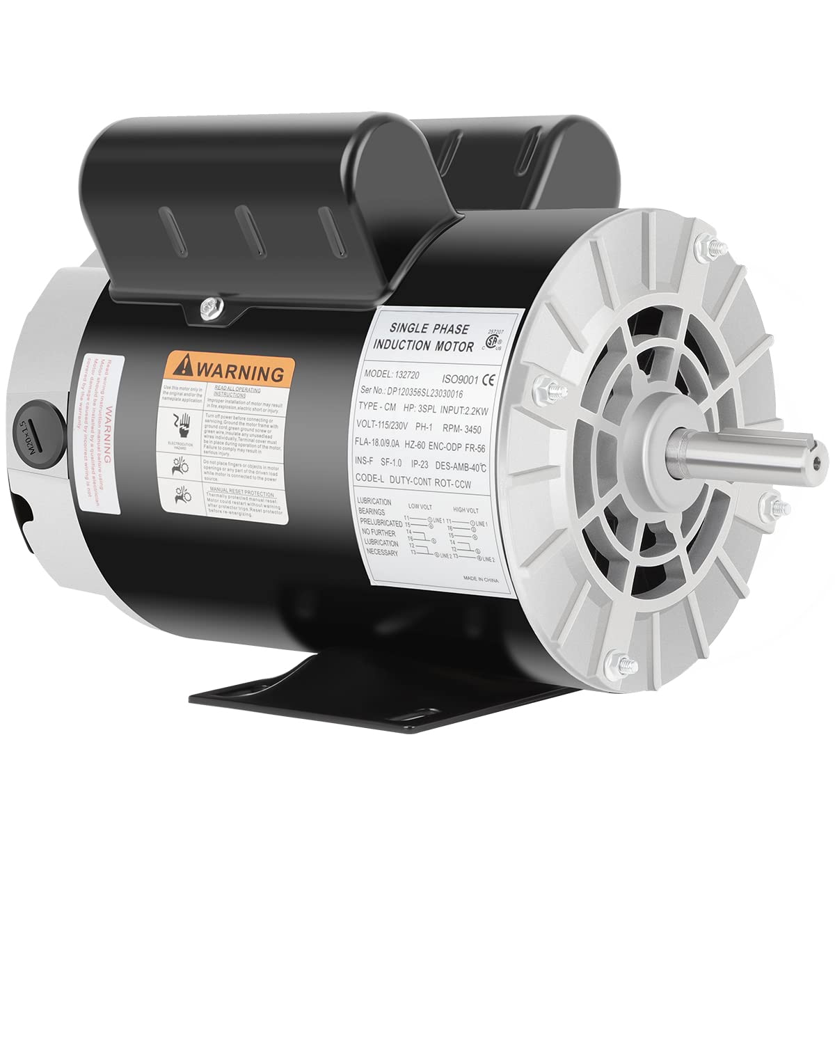 Air Compressor Motor 3HP SPL 3450 RPM 115/230V Single Phase ODP