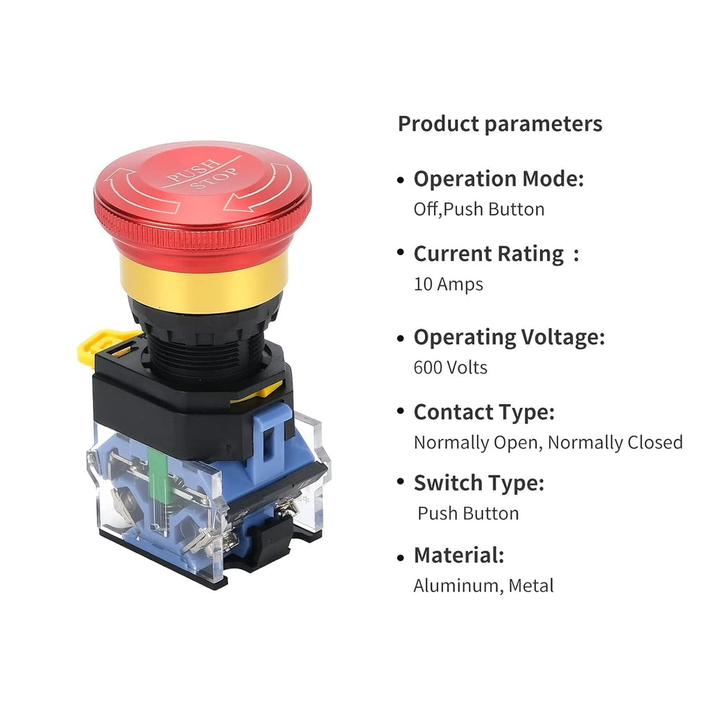 Emergency Stop Button 10A 440V Latching Push Button Switch, 22mm Aluminum Alloy Round E-Stop Button IP65 Waterproof Self-Locking Shut Off Switch