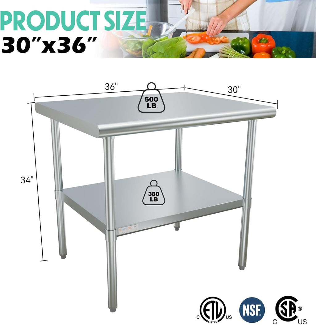Stainless Steel Table with Undershelf 36x30 Inches 3ft for Prep