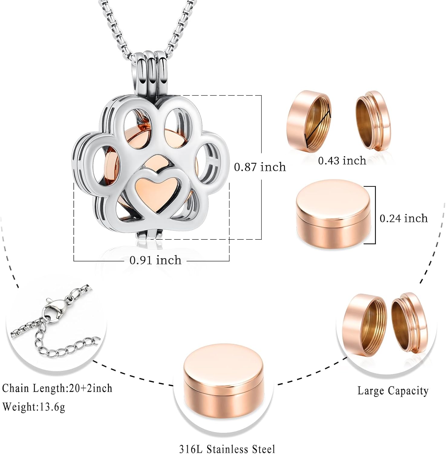 Pet Cremation Jewelry For Ashes For Dog/Cat Paw Stainless Steel Memorial Locket Urn Necklace Inside Mini Case