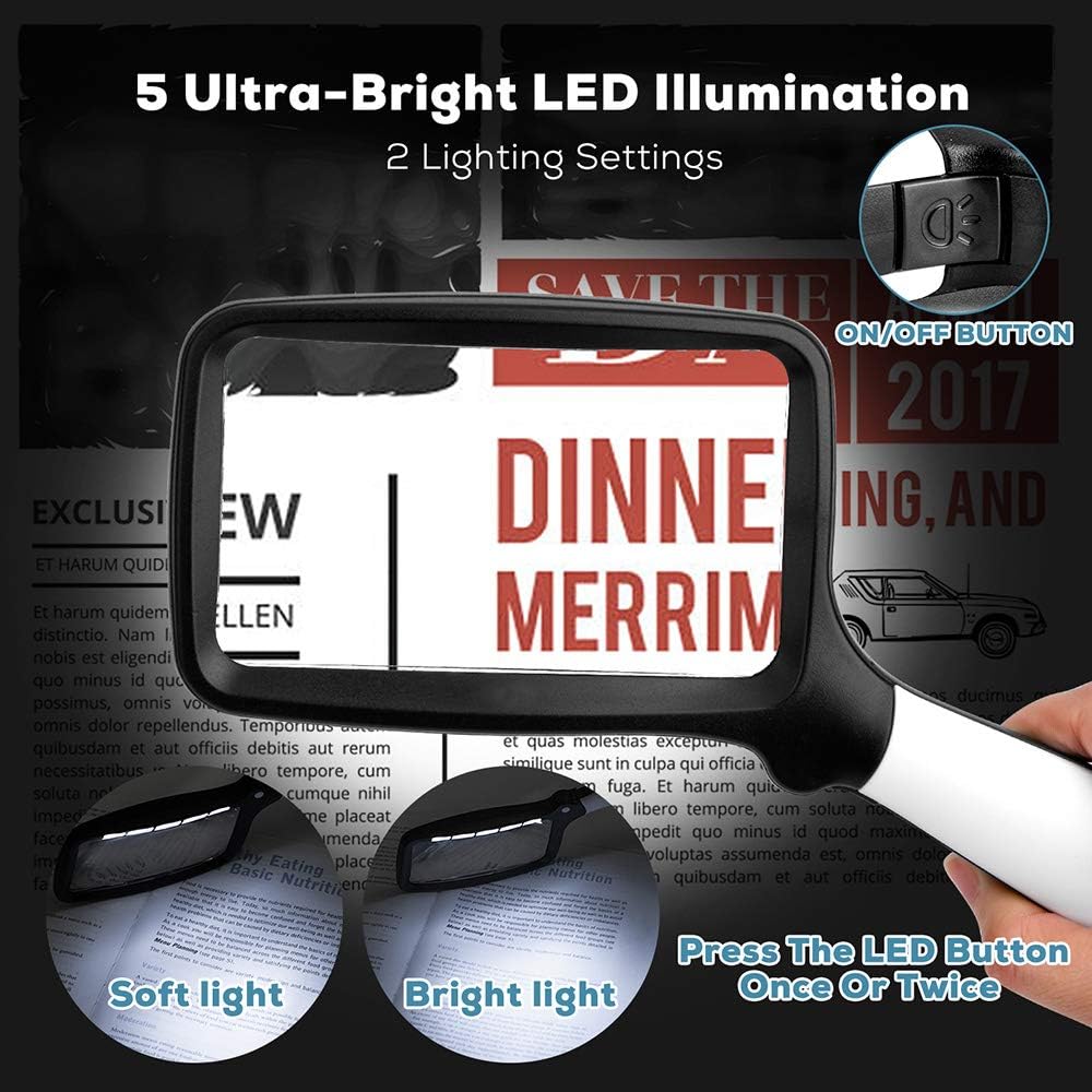 Folding Handheld Magnifying Glass with Light, 5X Large Rectangle Reading Magnifier with Dimmable LED for Seniors with