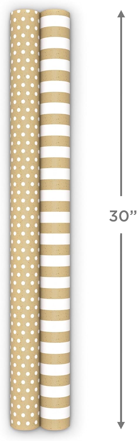 Reversible Wrapping Paper Rolls, 2 Rolls (Kraft, Striped, Dots)