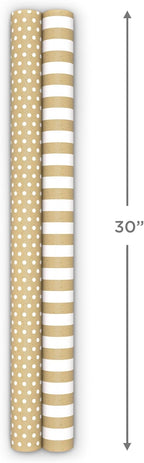 Reversible Wrapping Paper Rolls, 2 Rolls (Kraft, Striped, Dots)