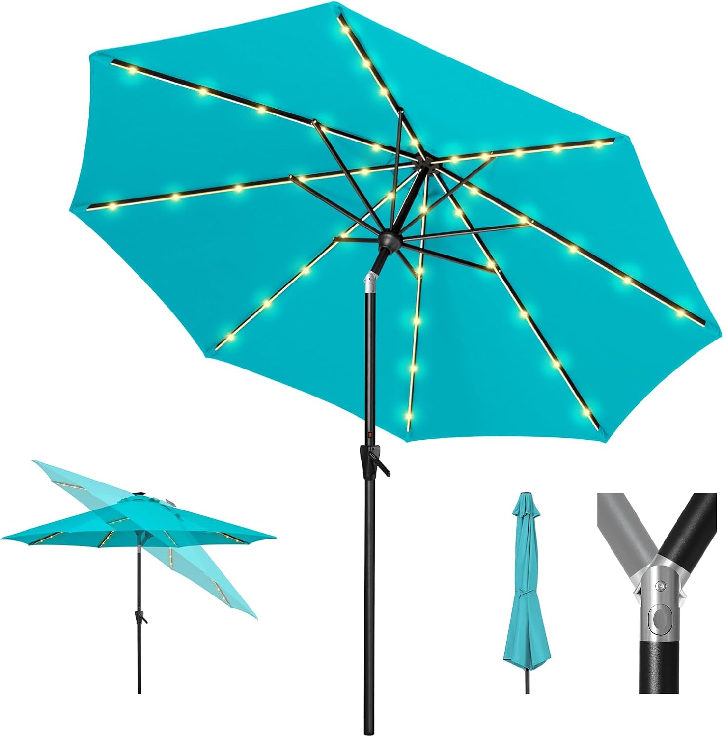 Solar Patio Umbrella 40 LED Lighted Outdoor Umbrella Table Market Umbrella with Push Button Tilt and Crank, Solar