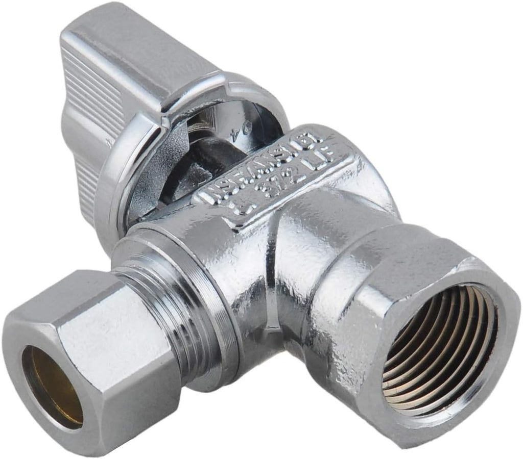 Valve- 1/4 Turn Angle Stop Valve 3/8-in FIP Iron Pipe x 3/8-in OD Compression,Quarter Turn LF Chrome Plated Brass