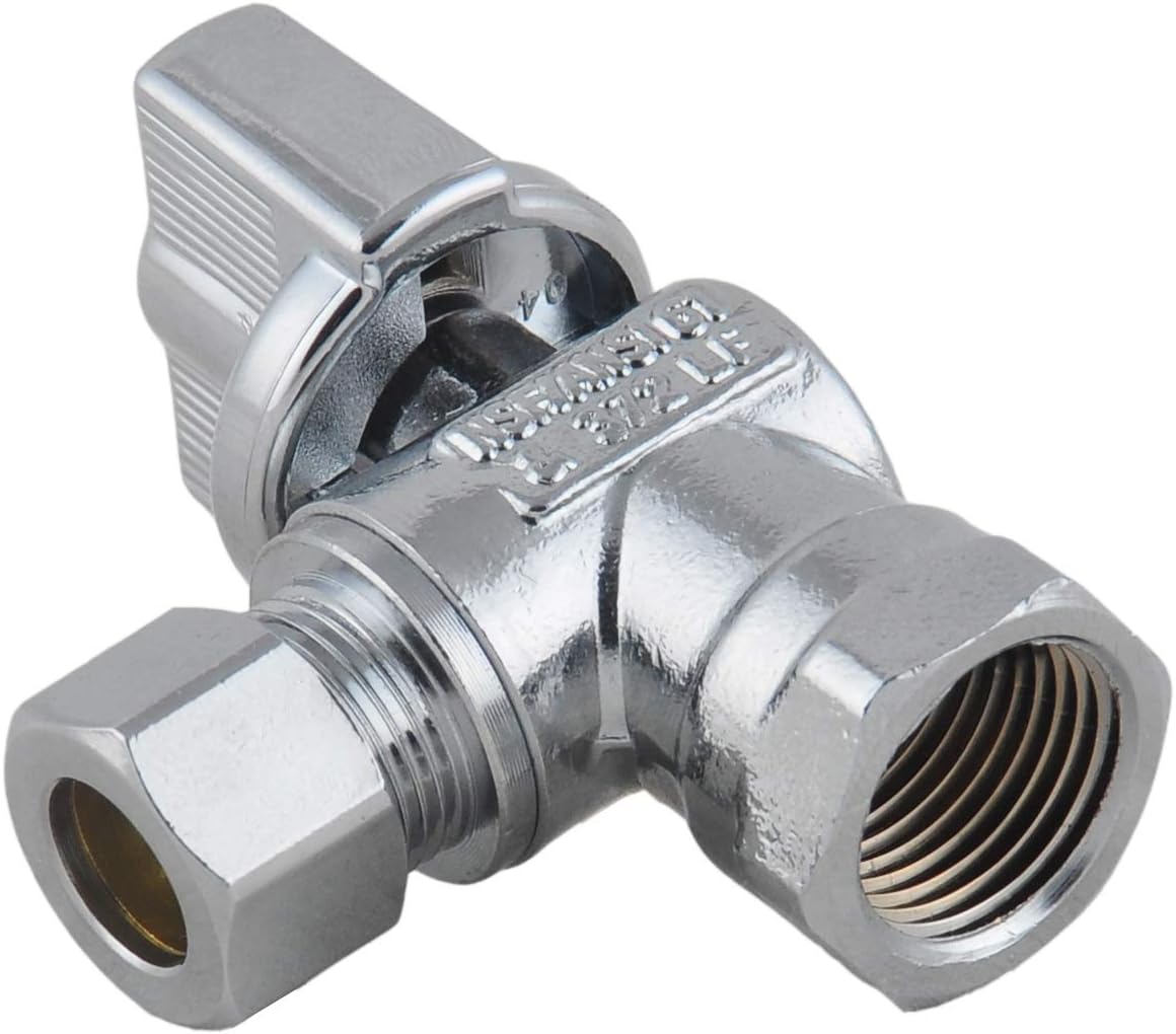 Valve- 1/4 Turn Angle Stop Valve 3/8-in FIP Iron Pipe x 3/8-in OD Compression,Quarter Turn LF Chrome Plated Brass