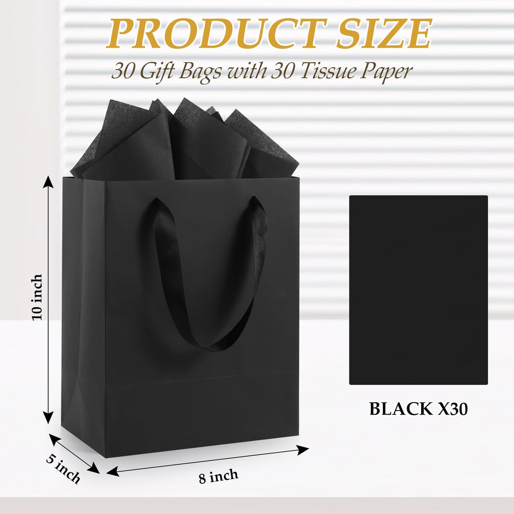 30 Pack Black Small Gift Bags with Handles and 30 Tissue Papers