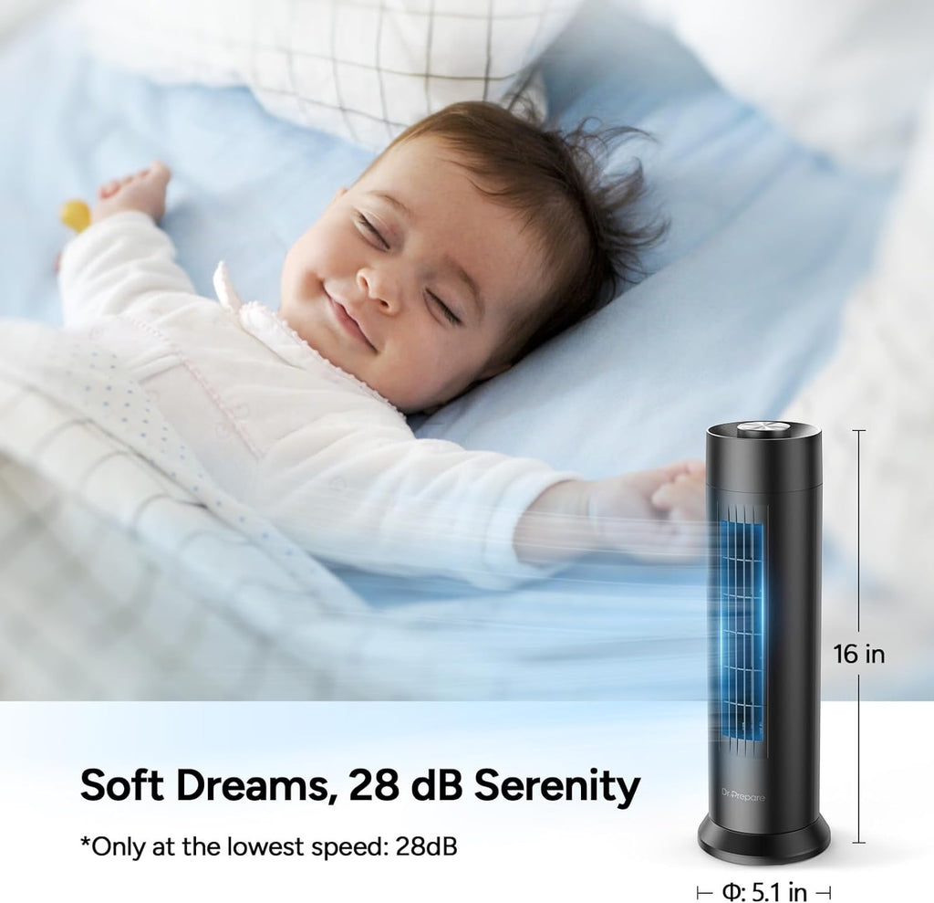 Tower Fan, 28 dB Quiet Desk Fan, 3‑Speeds, 80° Oscillation, Detachable Washable Bladeless Design, 16 Inch Portable