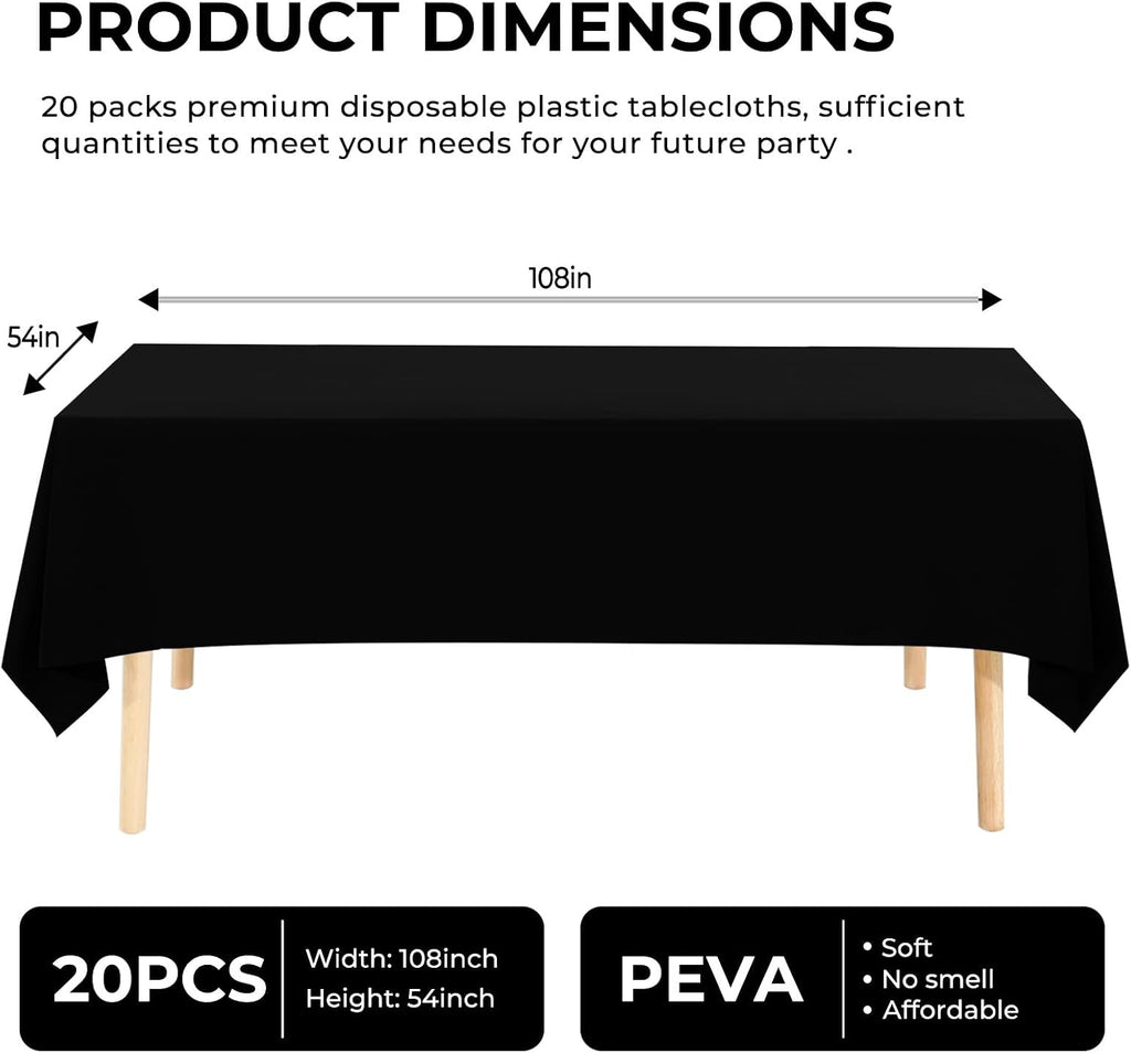Black Plastic Tablecloth 20 Pack, 54x108 Inch Disposable Rectangle Table Cover, Waterproof Table Cloths for 6 to 8