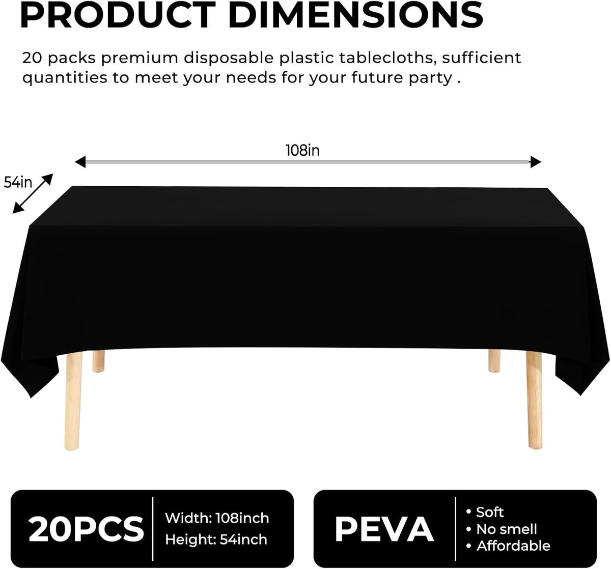 Black Plastic Tablecloth 20 Pack, 54x108 Inch Disposable Rectangle Table Cover, Waterproof Table Cloths for 6 to 8