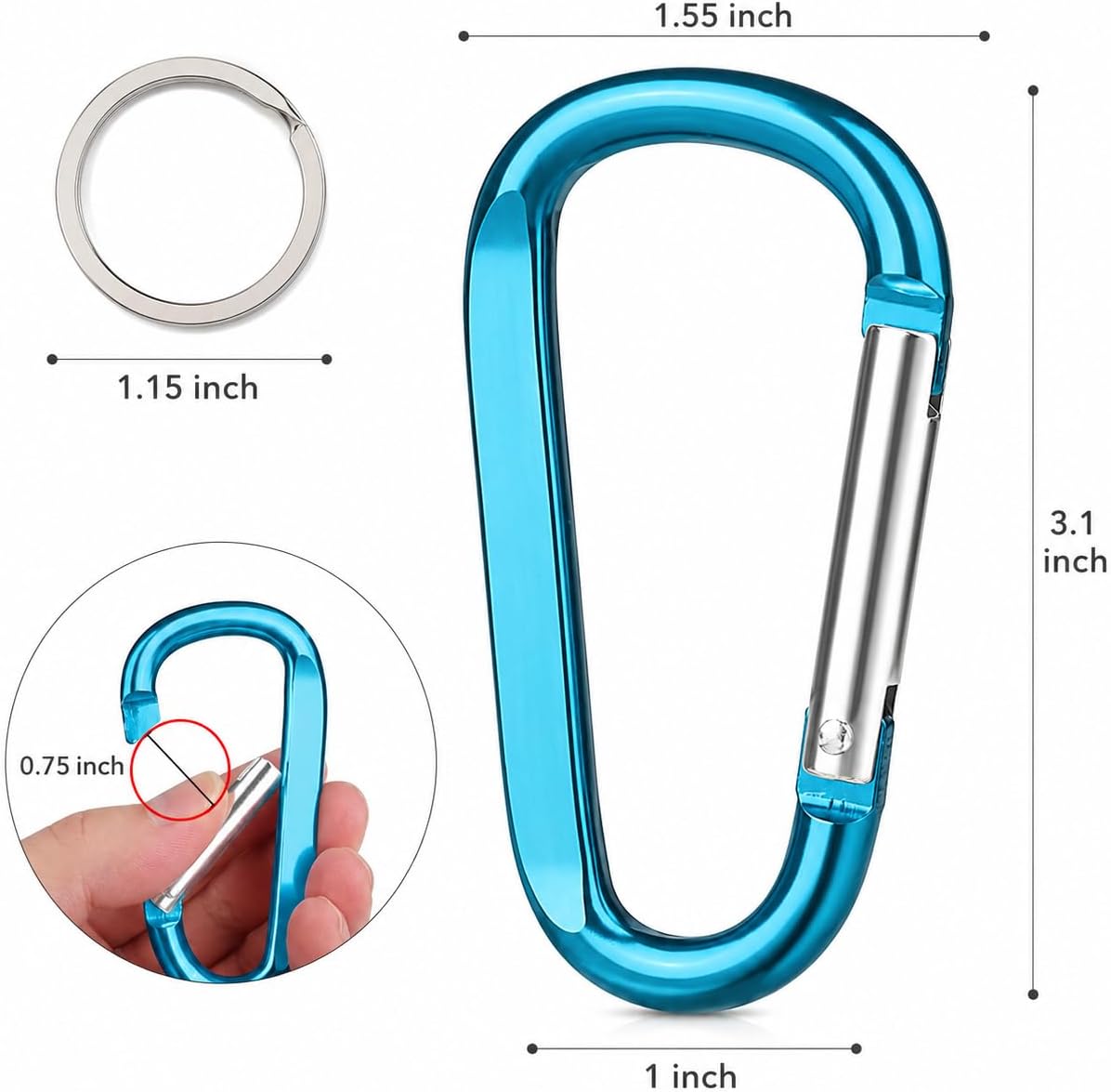 Carabiner Caribeaner Clip,3" Large Aluminum D Ring Shape Carabeaner with Keyring Keychain Hook