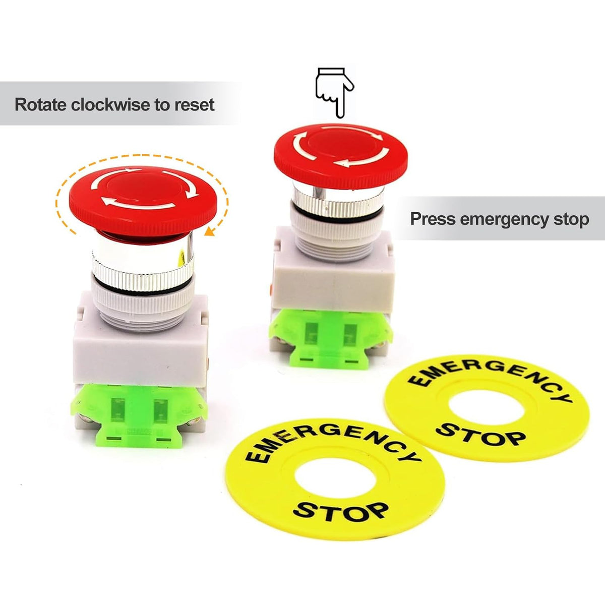 22mm Emergency Stop Push Button Switch Red Mushroom Cap E-Stop Push Button Switch with 60mm Emergency Stop Sign 1NO 1NC DPST AC 660V 10A Self Lock (2PCS)