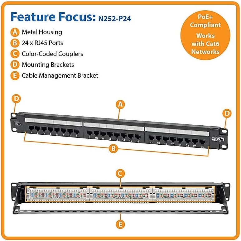 Eaton Tripp Lite Cat6 24-Port PoE+ Patch Panel, RJ45 Ethernet, 1U Rackmount, EIA/TIA 568A/B Wiring Standards for 110