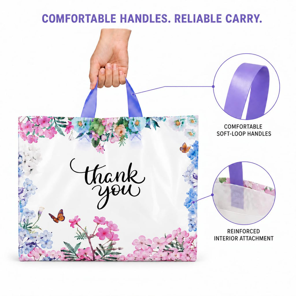 Thank You Bags With Soft Loop Handle for Business Retail, Boutique Bulk 50 Pack 15" W x 12" H Floral Plastic Shopping