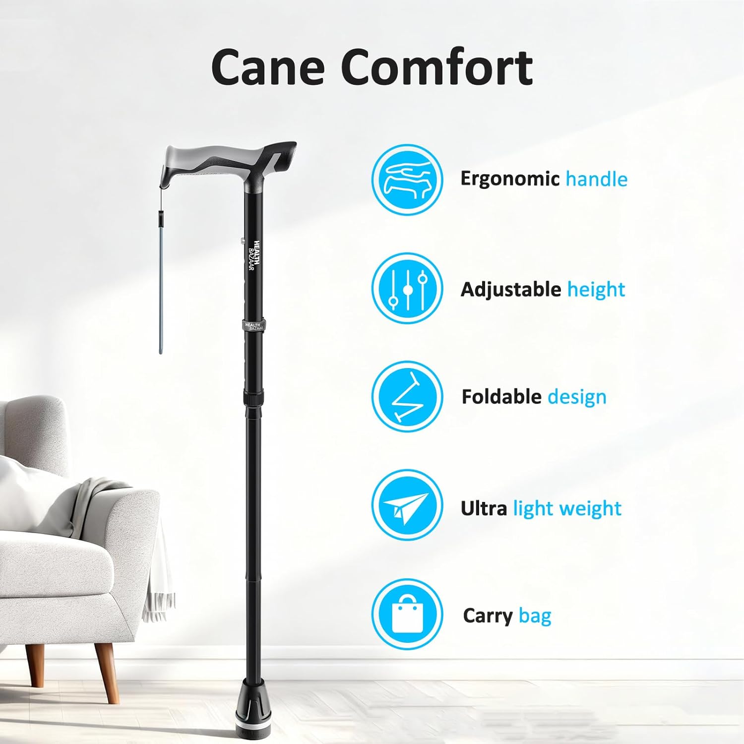 Walking Cane with LED Light, Folding Canes for Men & Women with Shock Absorption - Adjustable, Lightweight