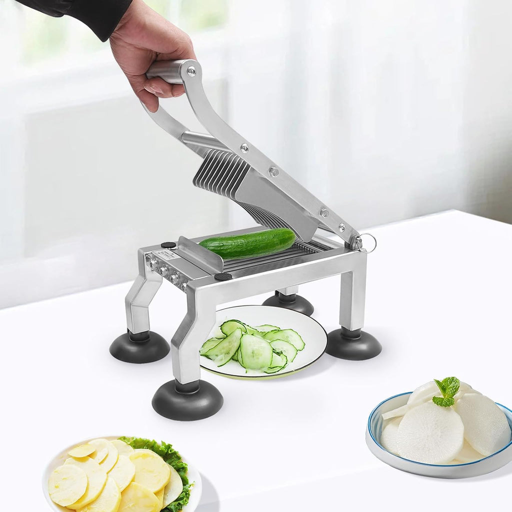 Commercial Stainless Steel Manual Fruit & Vegetable Slicer, 10mm Thickness Kitchen Prep Tool with Suction Cups for