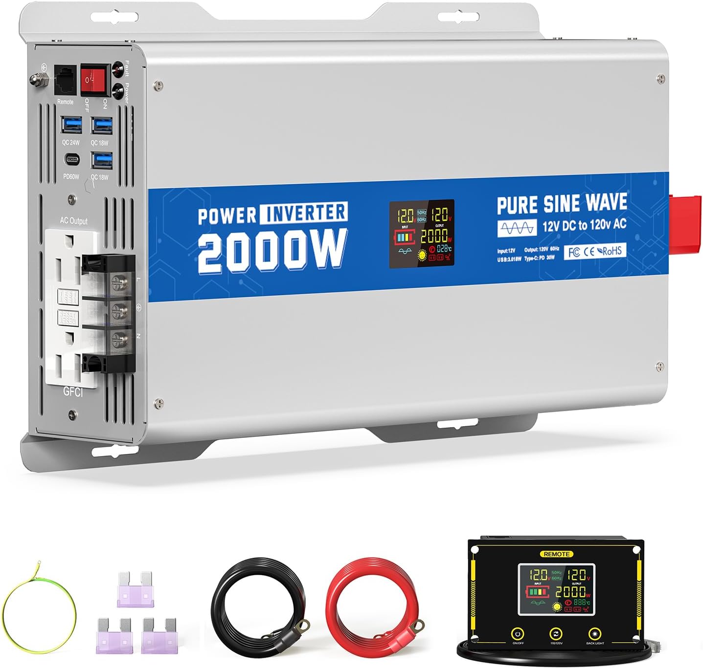 2000W Pure Sine Wave Power Inverter 12V DC to 120V AC Converter 4000 Watt Peak Power Multi-Display Screen with 2 GFCI