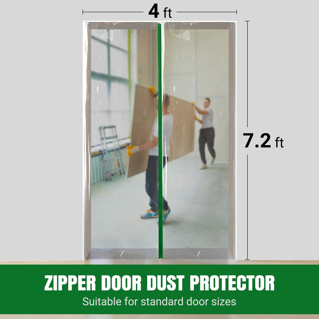 (2-Pack) Plastic Zipper Door Dust Protector, 4 ft x 7 ft Heavy-Duty Plastic Sheeting with Green Zipper Door Dust