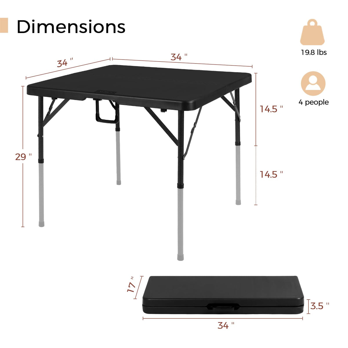 34" Folding Card Table Square Portable with Detachable Legs Black