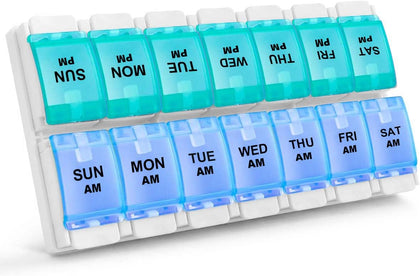 AM PM Weekly 7 Day Pill Organizer, 2 Times A Day Pill Box with Arthritis Friendly Push Button, Medicine Cases for