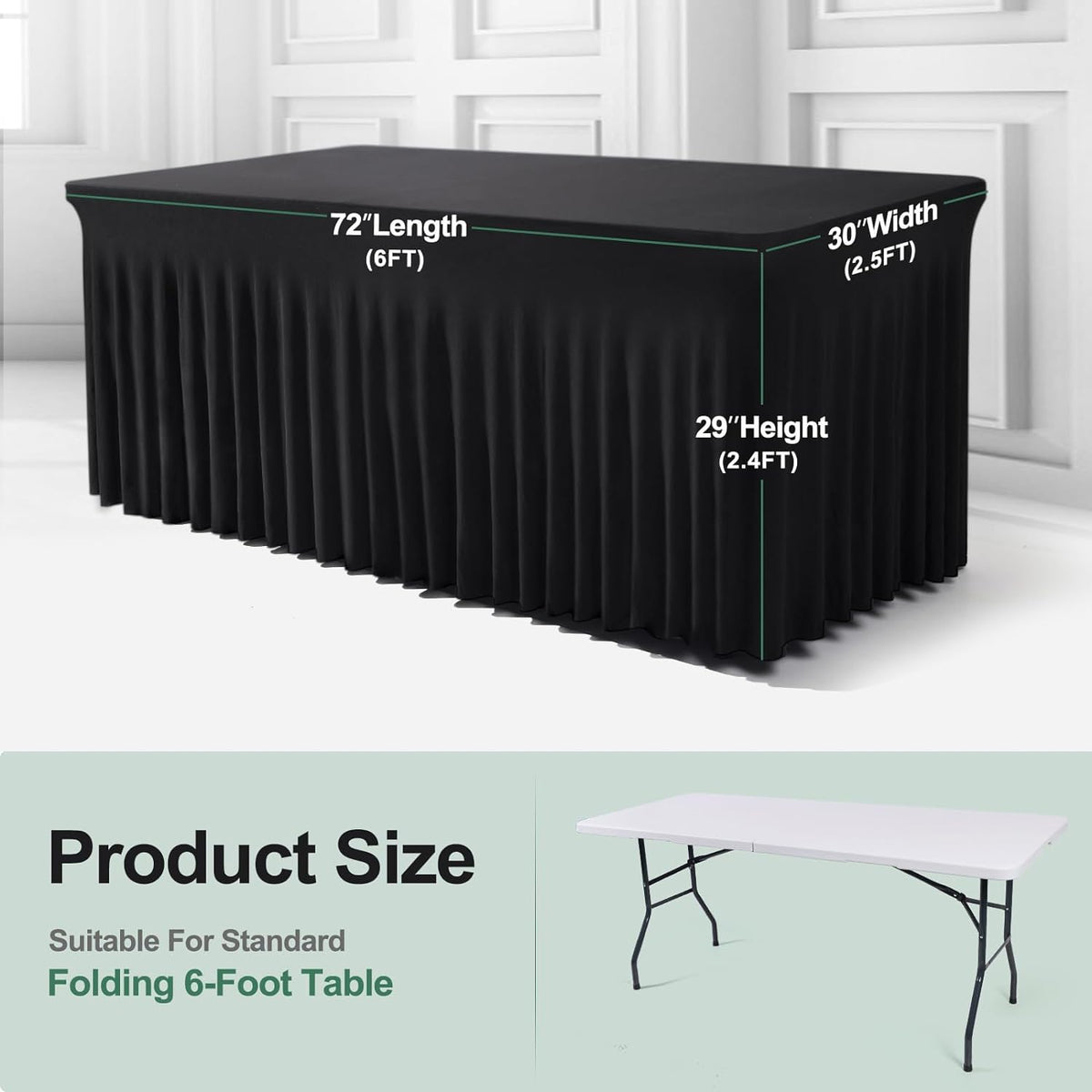 One-Piece Spandex Black Table Cloth Skirt for 6FT Rectangle Tables