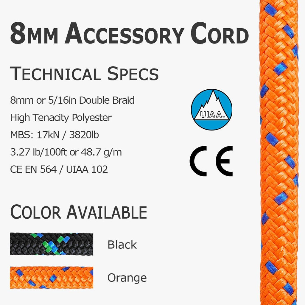 8mm (5/16in) Accessory Cord Rope Double Braid Pre Cut CE/UIAA