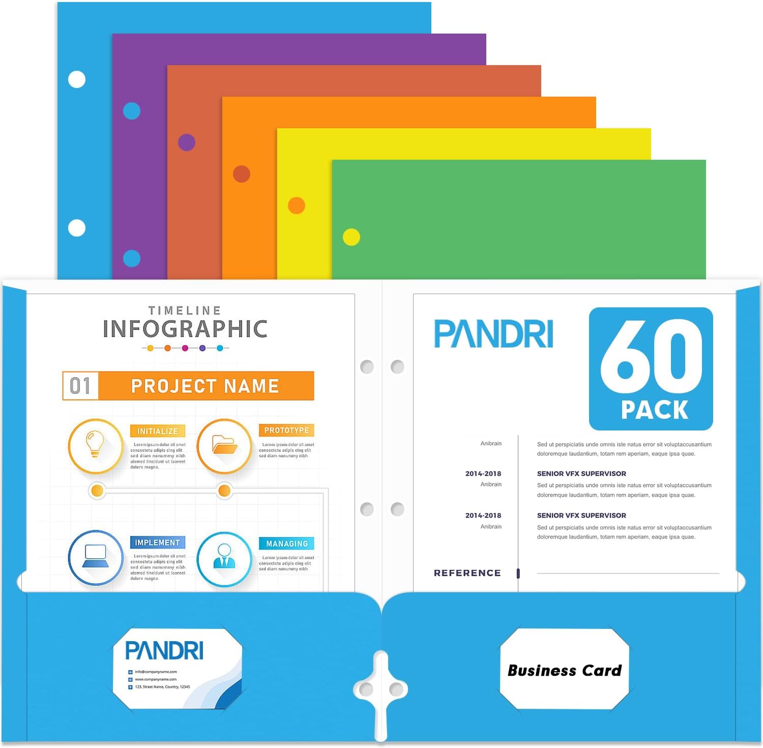 Two Pocket Portfolio Folders, PANDRI 60 Pack 3 Hole Punched 2 Pocket Folders for 3-Ring Binder, Letter Size Paper