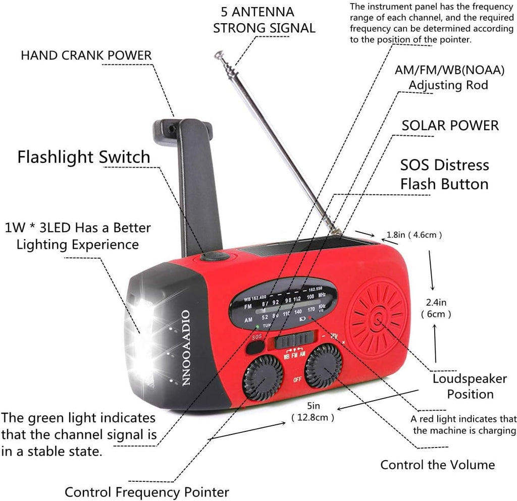 2000mAh SOS Alarm Emergency AM FM Weather Radio, 3LED Type-C Hand Crank Solar Battery Operated Portable Wind Up Radio