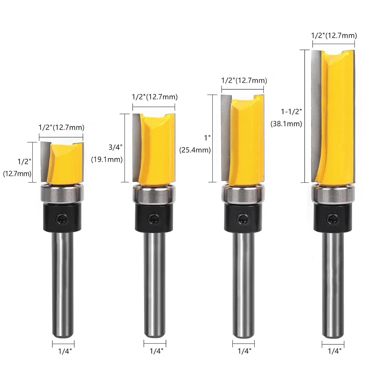 Pattern Flush Trim Bit 4 Pcs Router Bits，Top Bearing Flush Trim Bits Set，1/4 Inch Shank ,Cutting Length 1/2", 3/4"