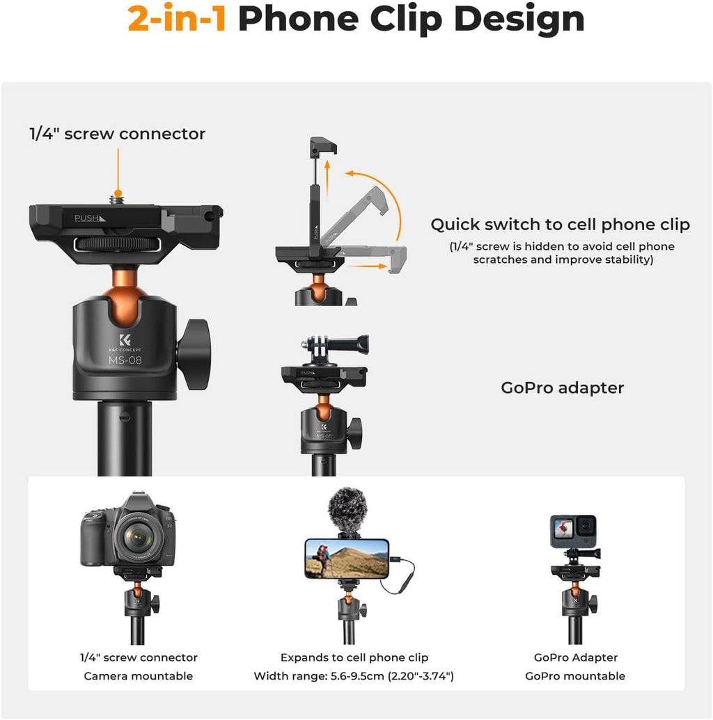 62'' Phone Selfie Stick Tripod | 360° Ball Head Camera Tripod with Remote, 2-in-1 Phone Holder Compatible with DJI