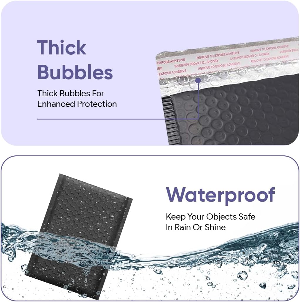 Black Bubble Mailers 9.5x14.5, Self Seal Poly Padded Envelopes #4, 100 Pack