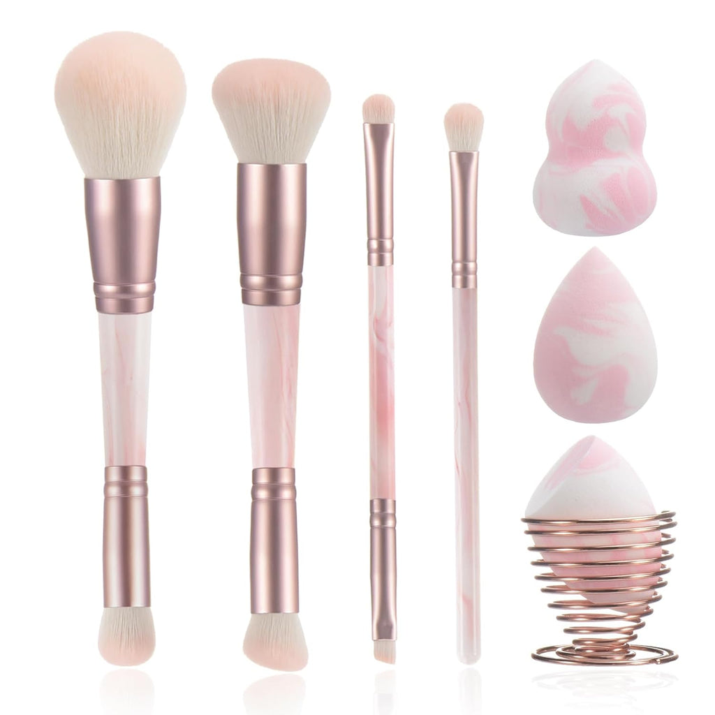 Pink Makeup Brushes set, 4 Dual-Ended Brushes, 3 Makeup Sponges & 1 Metal Stand, Professional Complete Cosmetic Brush
