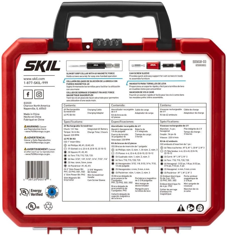 Rechargeable 4V Cordless Pistol Grip Screwdriver with 42pcs Bit Set, USB Charger and Carrying Case - SD5618-03