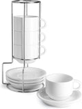 Porcelain Espresso Cups Set, 4 oz Stackable Cups with Saucers Metal Stand, Set of 4, White