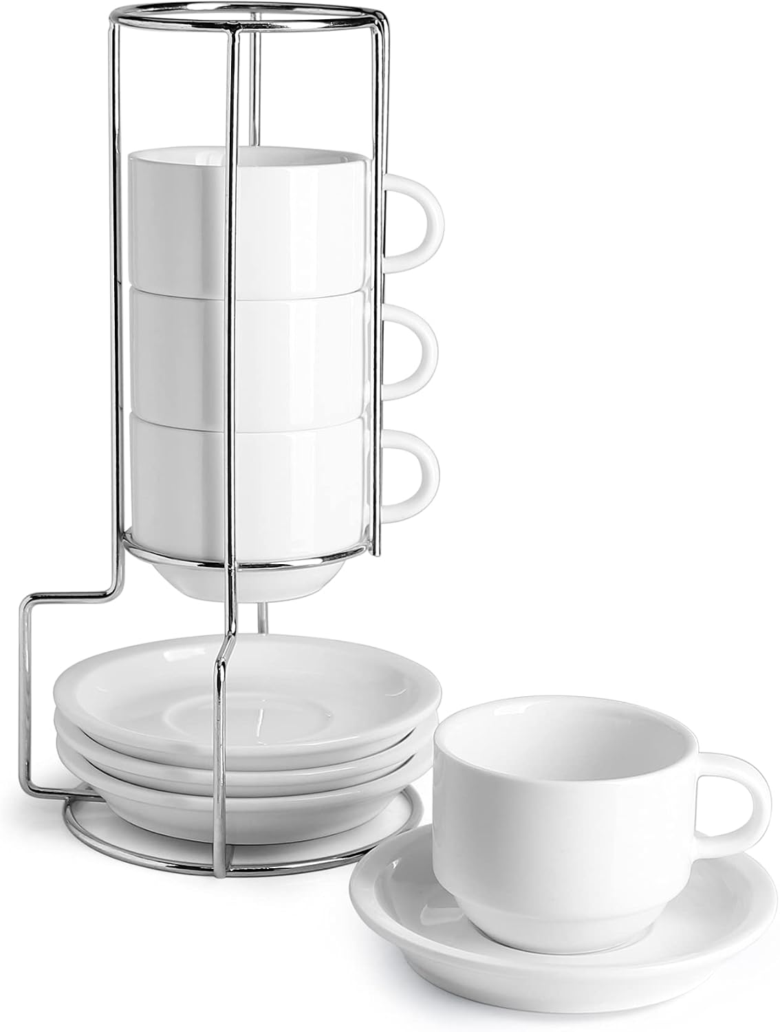 Porcelain Espresso Cups Set, 4 oz Stackable Cups with Saucers Metal Stand, Set of 4, White