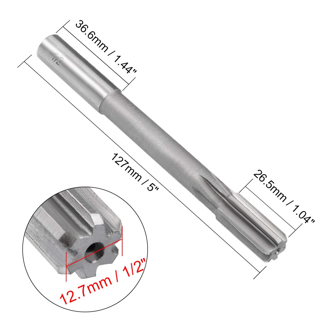 uxcell Chucking Reamer 1/2",H7 HSS Lathe Machine Reamer 6 Straight Flutes