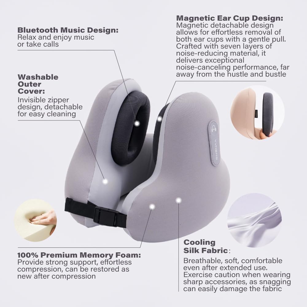 Neck Travel Pillows for Airplanes with Bluetooth, Premium Memory Foam Neck Pillow, Noise Reducing Travel Pillow for