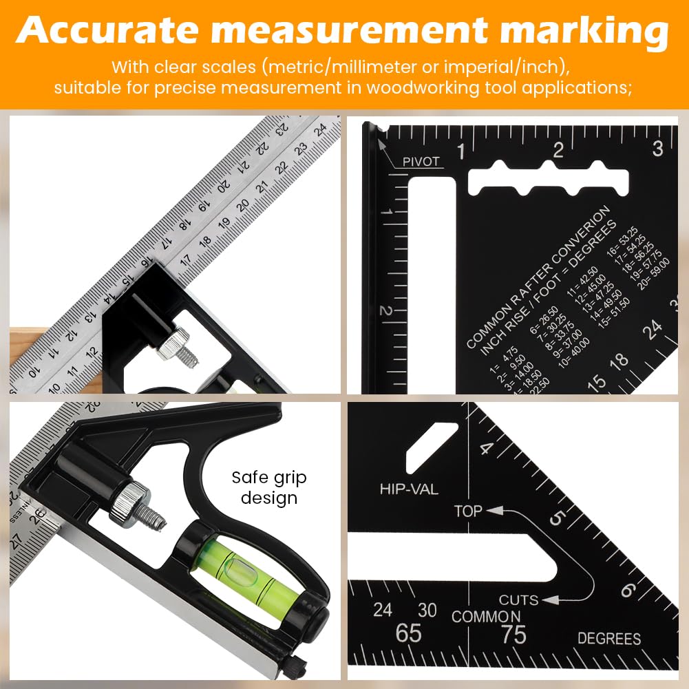 Combination Square Woodworking Ruler Tools,7inch Carpenter Square Wood Working Tools and Accessories,12inch Aluminum