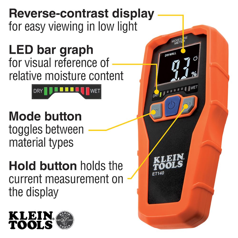 ET140 Pinless Moisture Meter for Non-Destructive Moisture Detection in Drywall, Wood, and Masonry; Detects up to