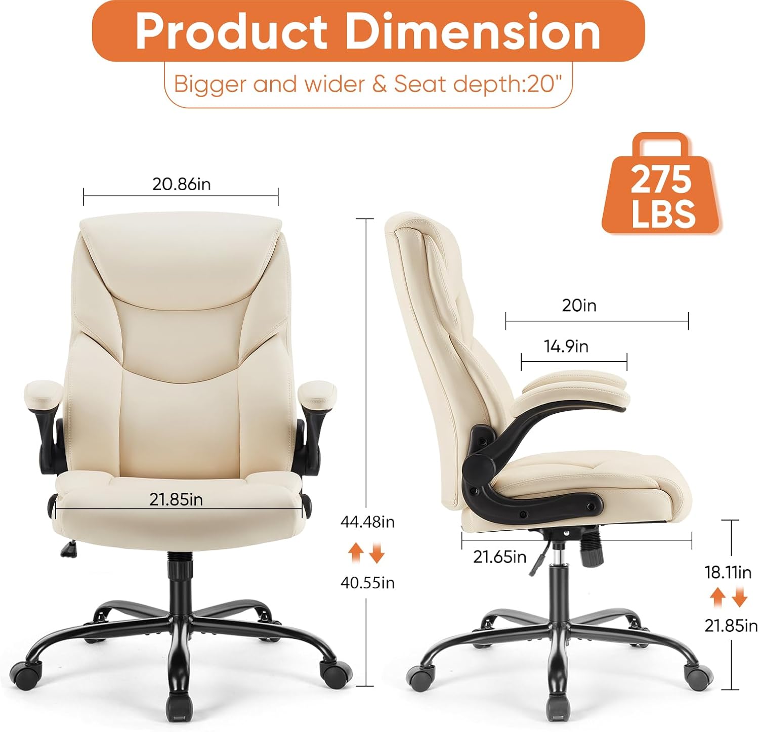 Ergonomic Office Chair - Heavy Duty Task Desk Chair with Flip-up Armrest, PU Leather, Height Adjustable & Swivel