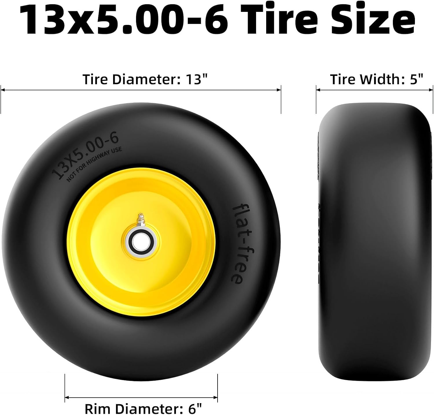 13x5.00-6 Flat Free Lawn Mower Tires and Wheel, for Zero Turn Mower | Universal 3/4", 5/8", 1/2" Bearings, 500 lbs