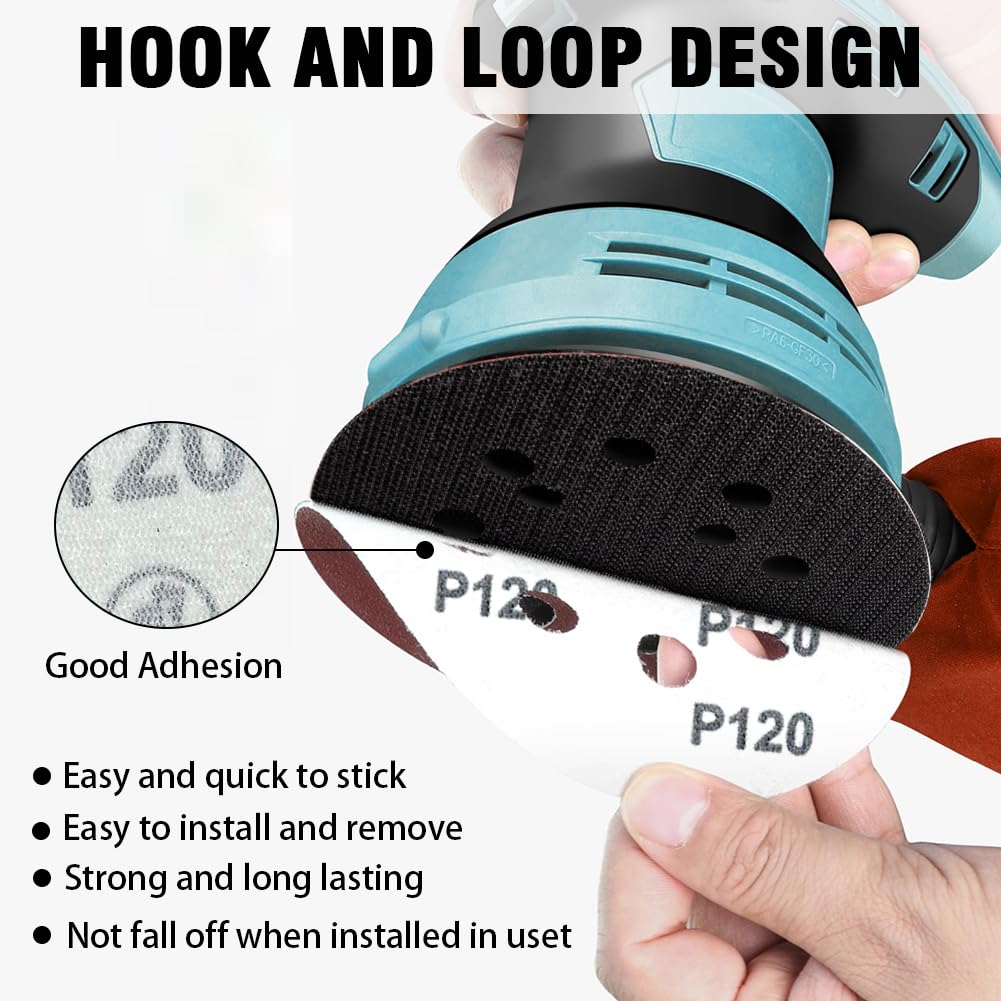 52 Pack 5 Inch 8-Hole Hook and Loop Sanding Discs Sandpaper Red Round 120 Grit Sandpaper for Random Orbital Sander