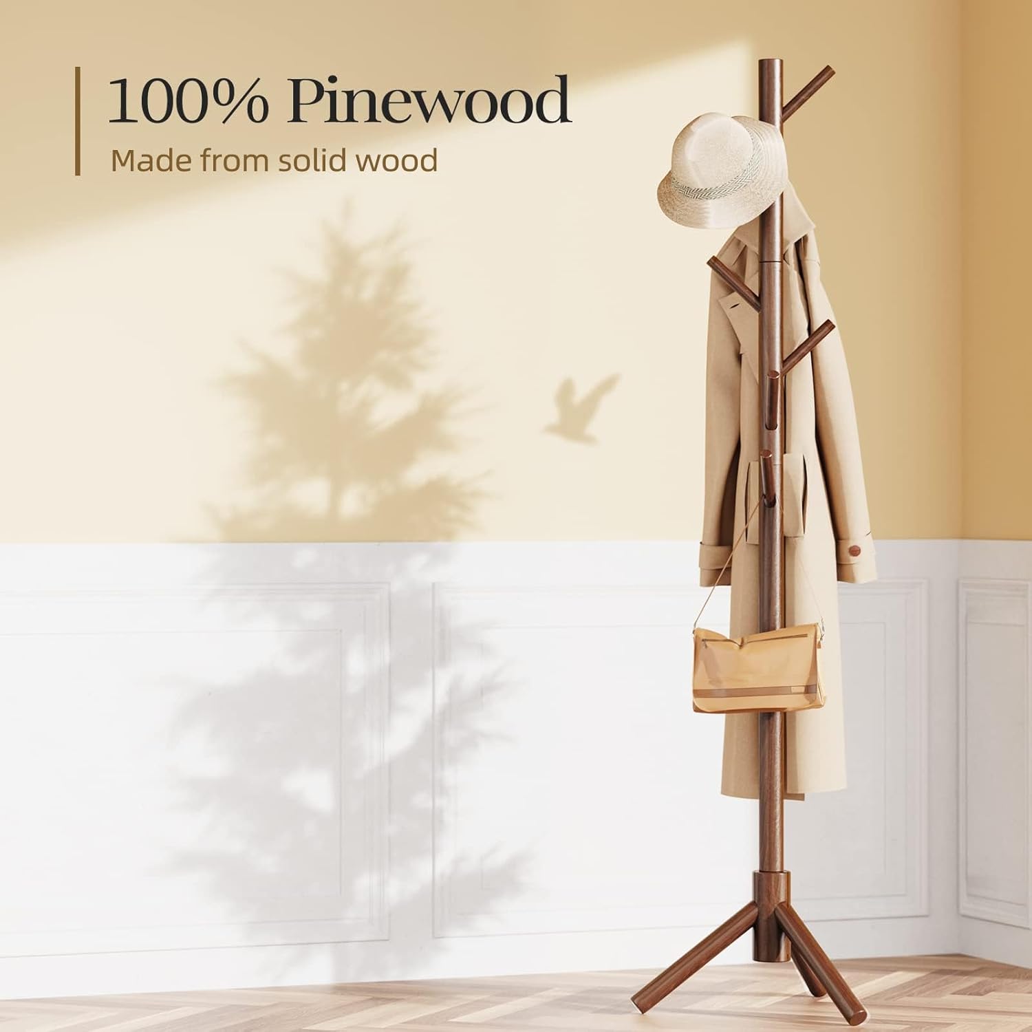 Solid Wooden Coat Rack Freestanding, Hall Tree with 8 Hooks, 3 Height Options for Coats, Hats, Handbags, and Scarves