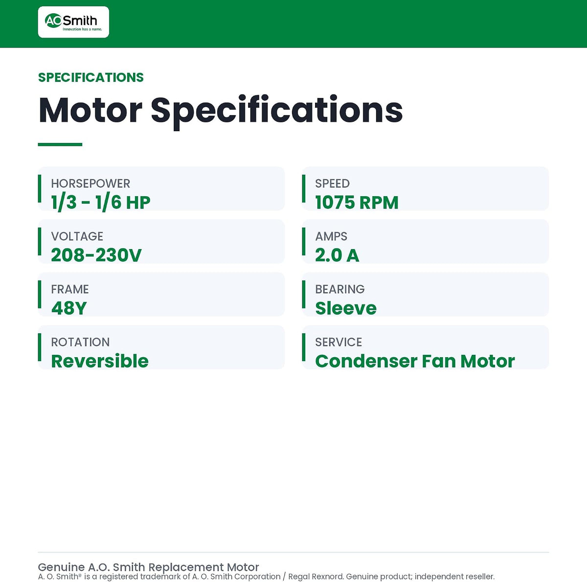 A.O. Smith ORM5458 1/3-1/6 HP, 1075 RPM, 208-230 volts, 2 Amps, 48Y Frame, Sleeve Bearing Condenser Motor