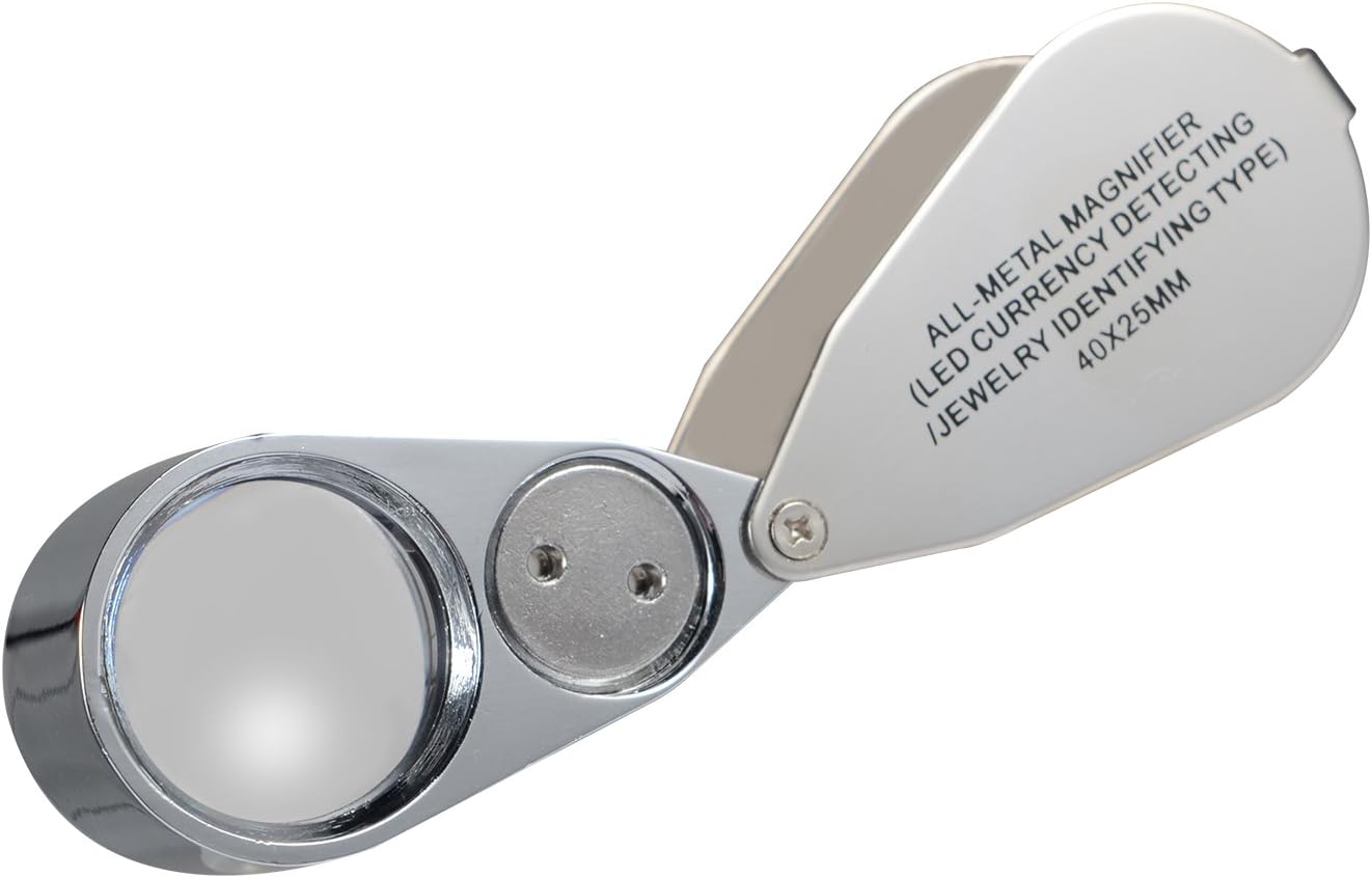 40X Full Metal Illuminated Jewelry Loop Magnifier, XYK Pocket Folding Magnifying Glass Jewelers Eye Loupe with