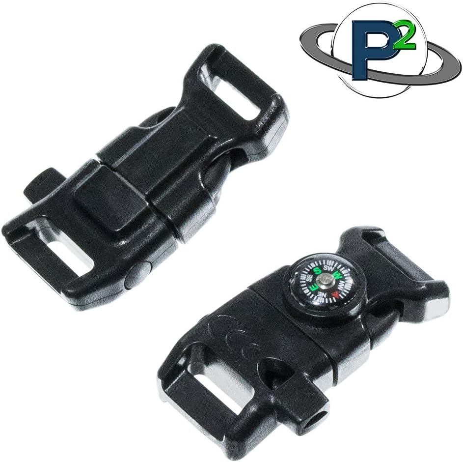 Black 5/8 Inch Compass Buckle with Flint Scraper, Fire Starter, and Whistle - Plastic Paracord Bracelet Buckle for