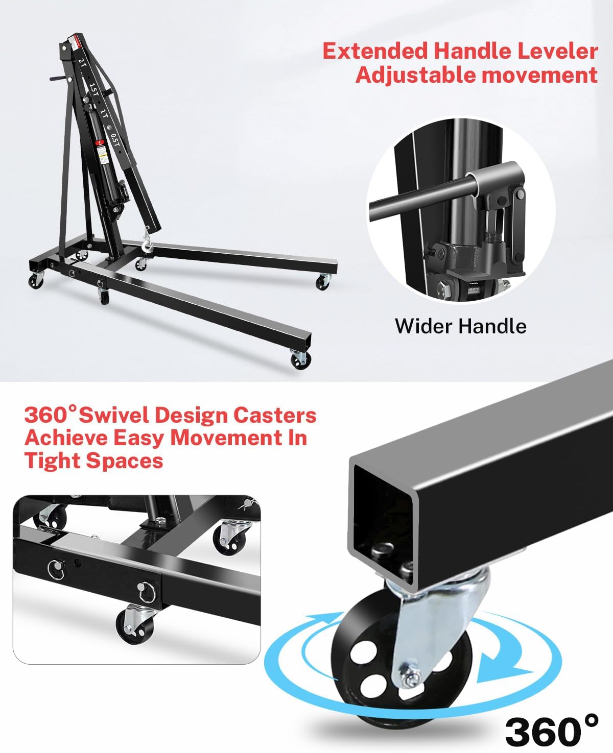 2 Ton Hydraulic Engine Hoist Crane, Folding Heavy-Duty Cherry Picker with 6 Locking Wheels & 4 Boom Positions, for