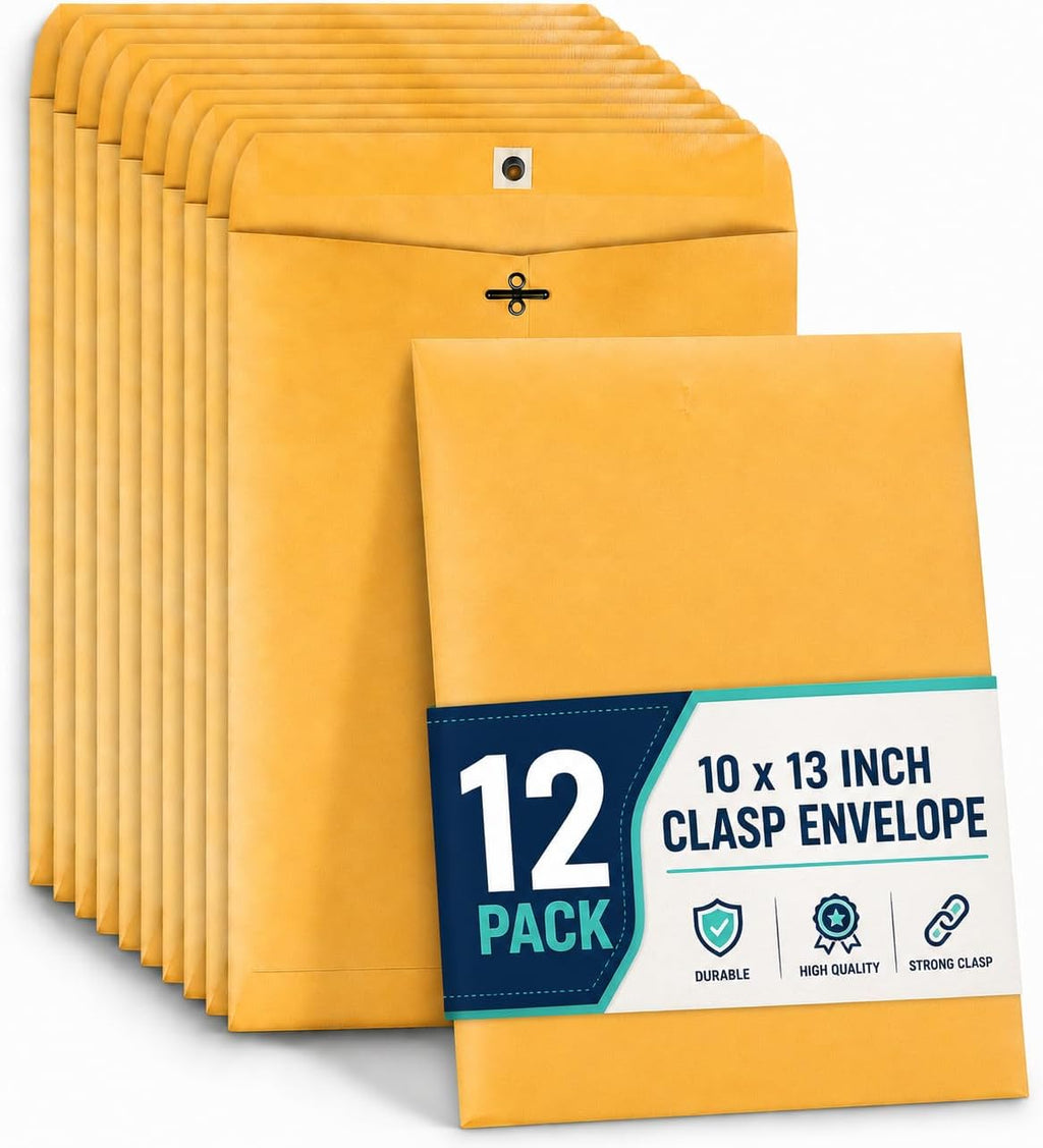 Clasp Envelopes 10x13, Large Mailing Envelopes, Catalog Envelopes, Clasp Closure & Gummed Seal, Brown, 12 Pack