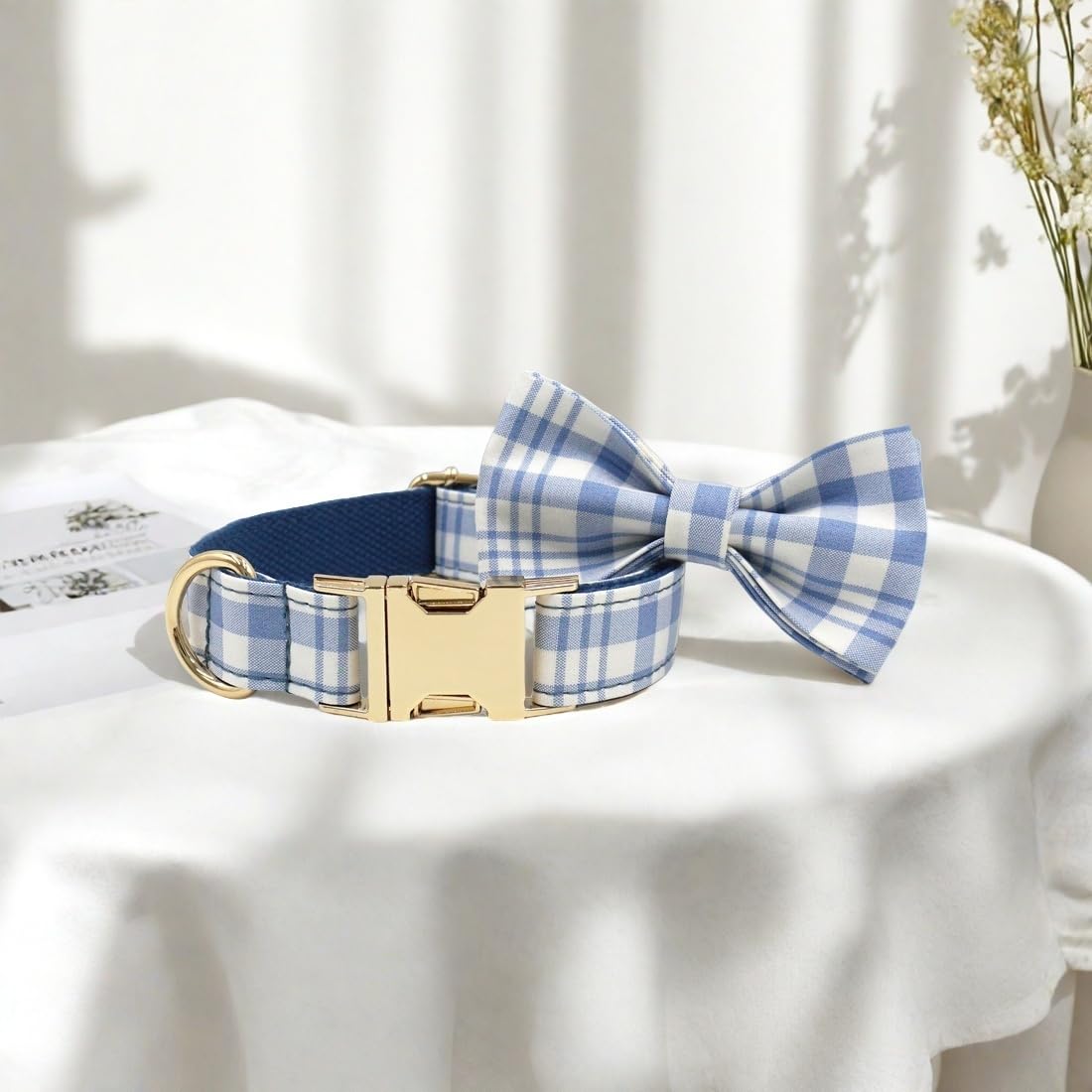 PETDURO Personalized Dog Collar Navy Blue Plaid for Large Medium Dogs